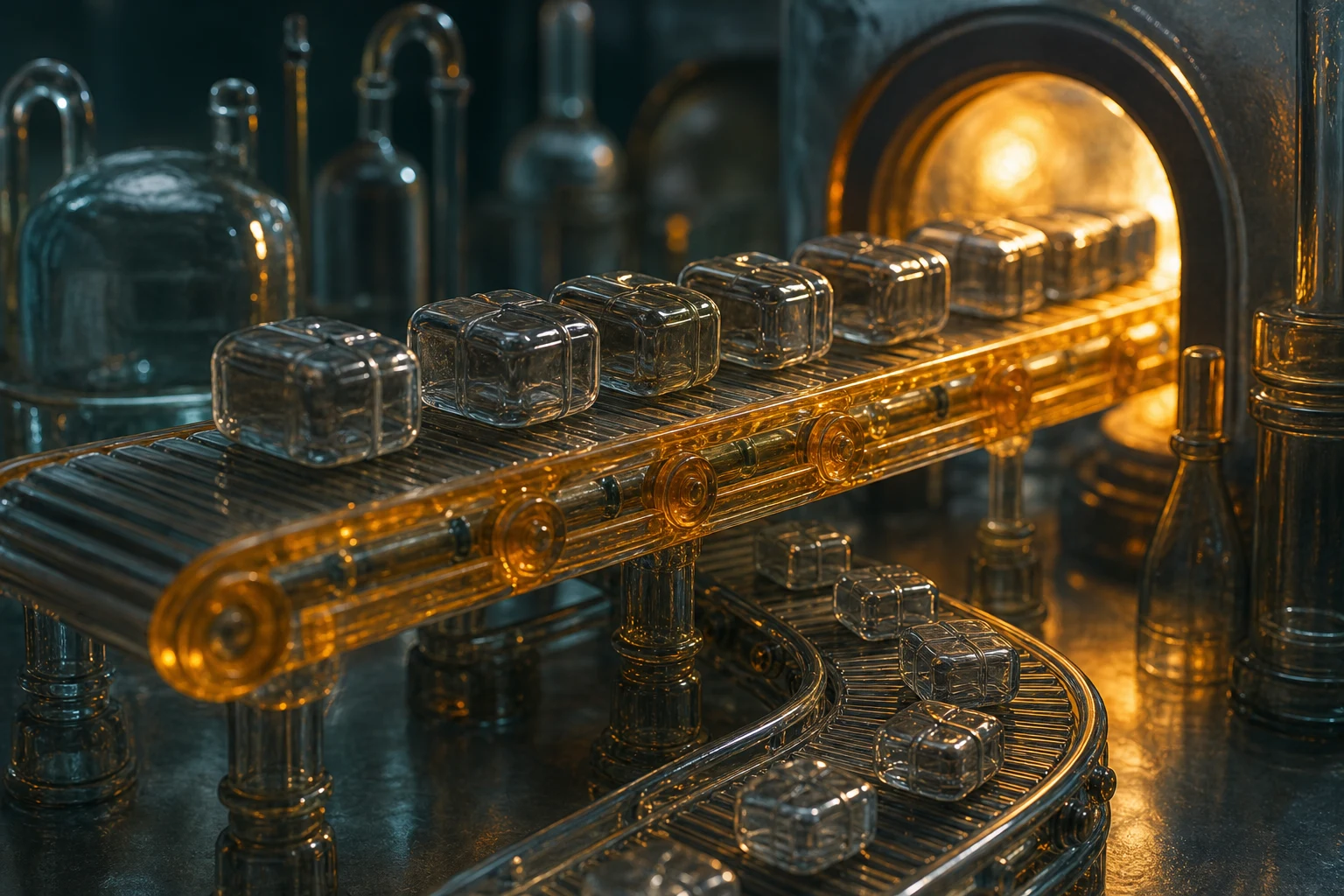 Glass conveyor belt splitting into a larger forward stream of parcels and a smaller looping return stream.