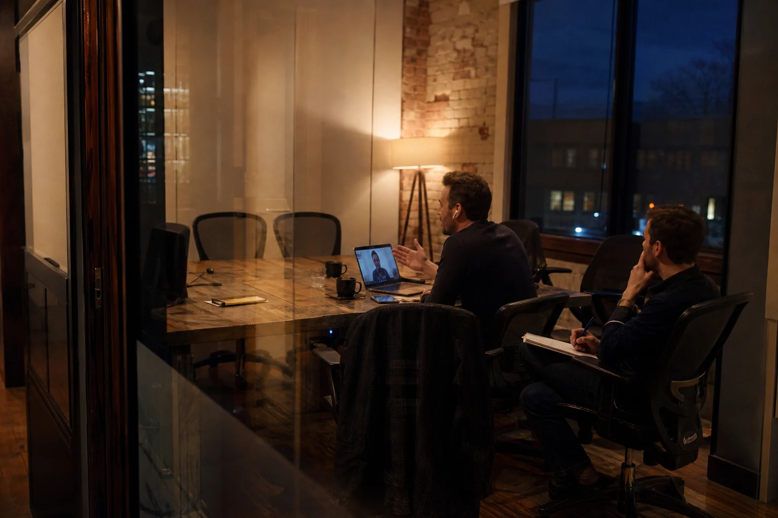 A founder leads an evening customer call while a sales teammate shadows the conversation and takes notes.