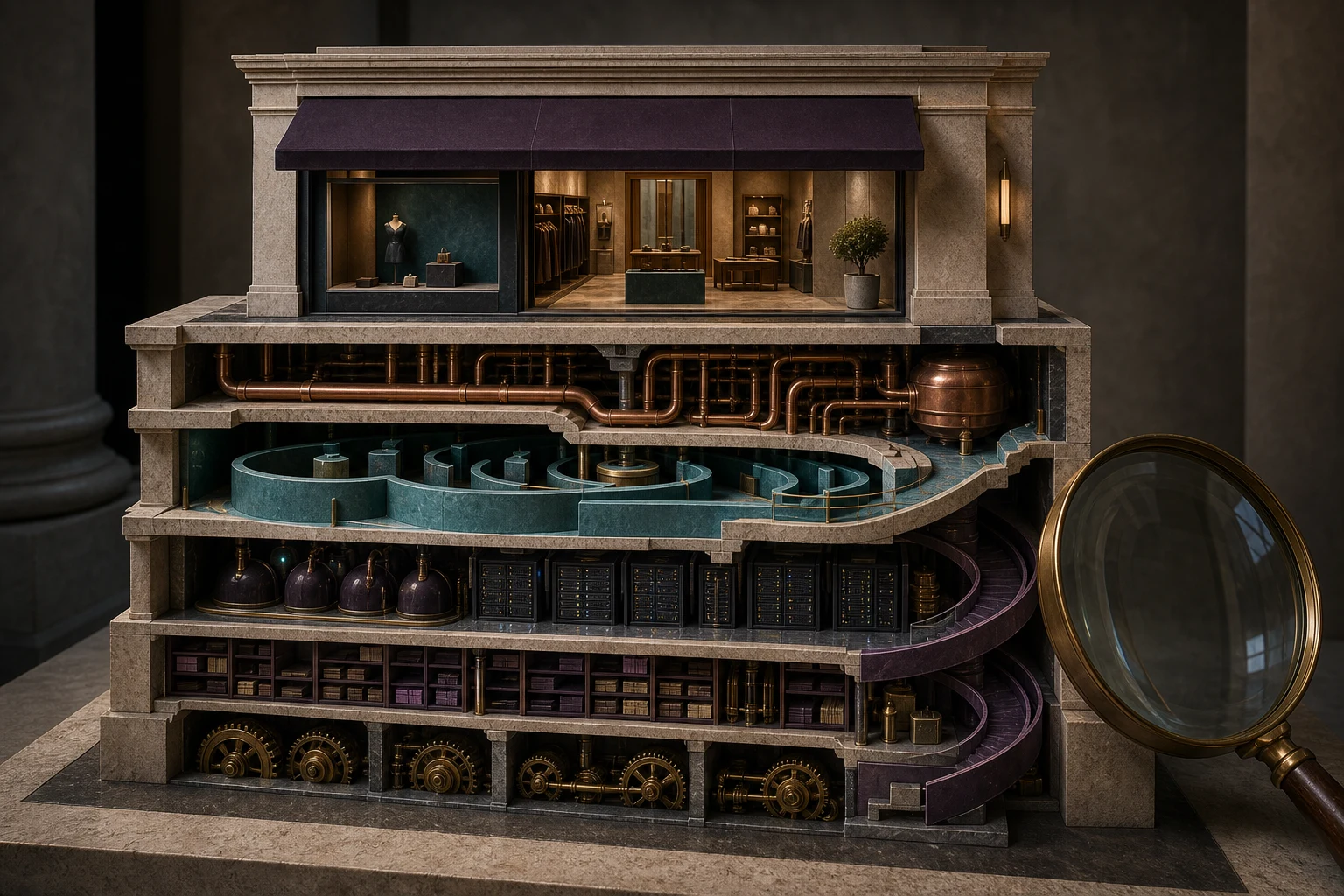 Architectural cutaway model revealing the systems beneath a small online storefront.