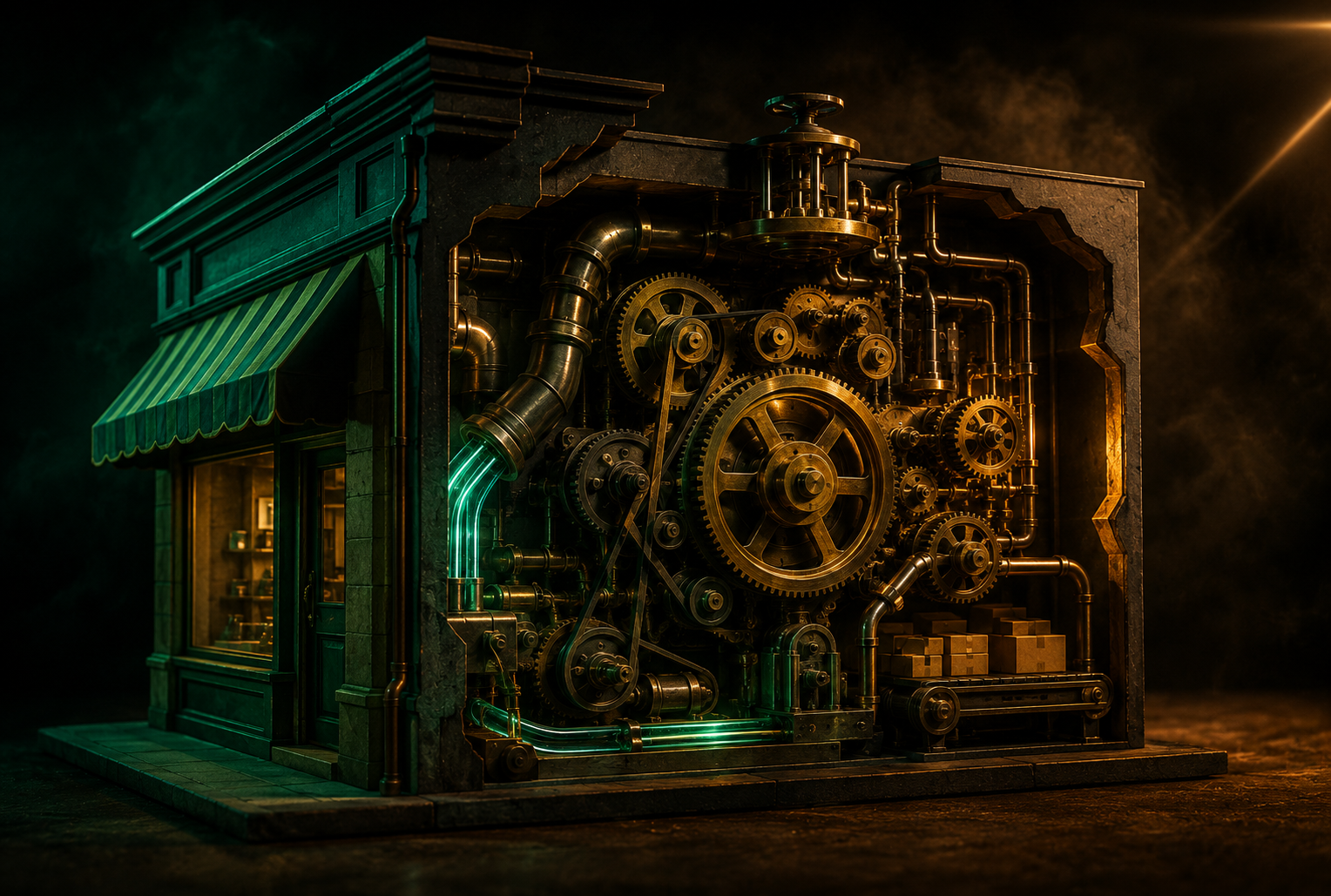 Cinematic ecommerce valuation desk with profit documents, product boxes, and buyer-risk evidence under warm light — ecommerce business (ecommercebusinessdaily)