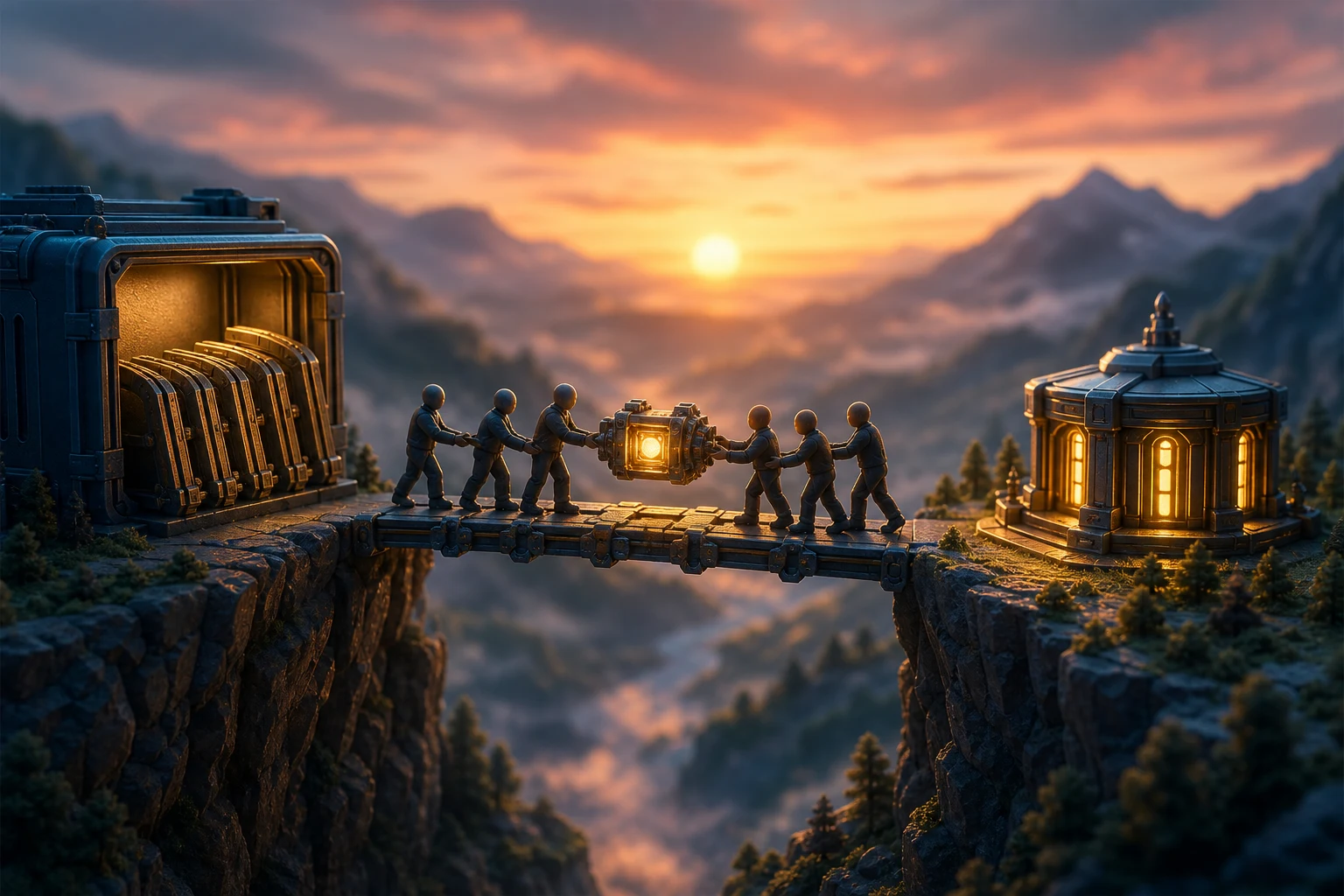 Miniature teams passing an operations core across a bridge that folds away behind the seller.