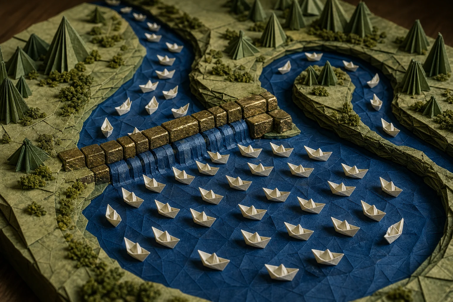 River of paper boats splitting at a weir, most drifting into a still lagoon and a smaller stream looping back upstream.