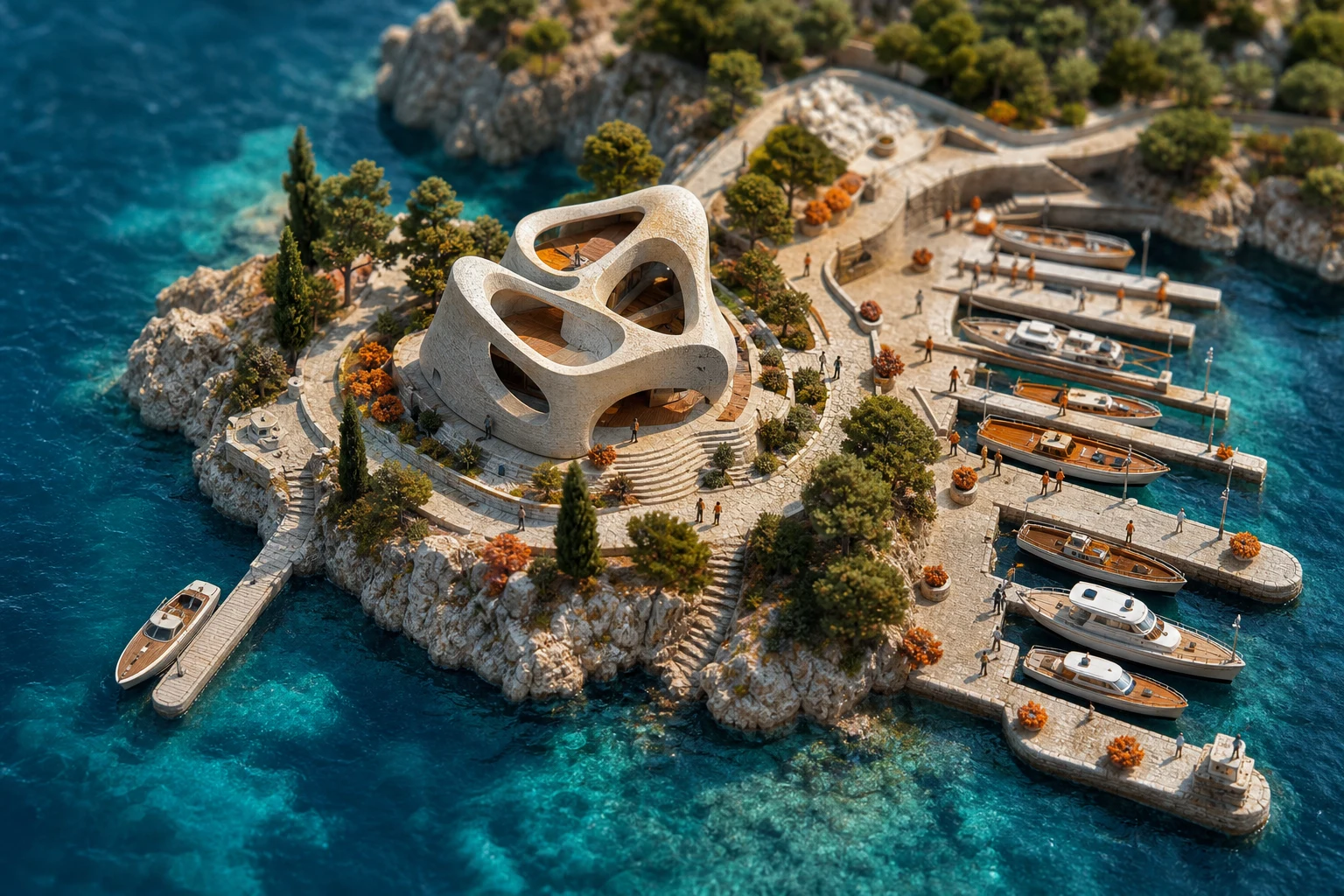 Website-shaped sculpture between a private dock and a larger brokered harbor.